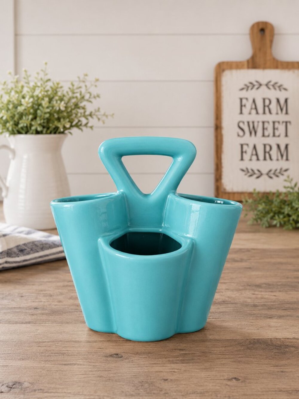 Home Essentials Turquoise Ceramic Flatware Caddy Utensil Holder Basket Organizer
